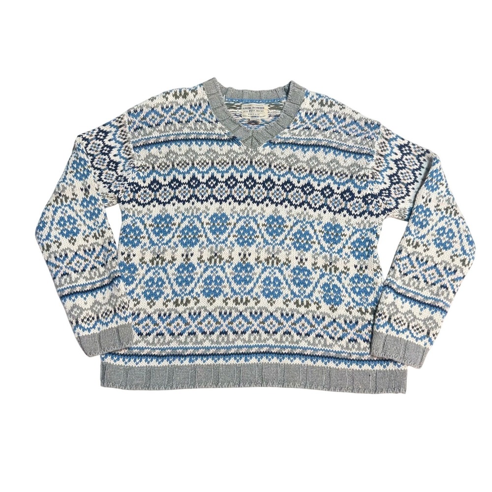 Abercrombie & Fitch Sweater L Vintage Fair Isle Ramie Cotton Blue Grey V-Neck